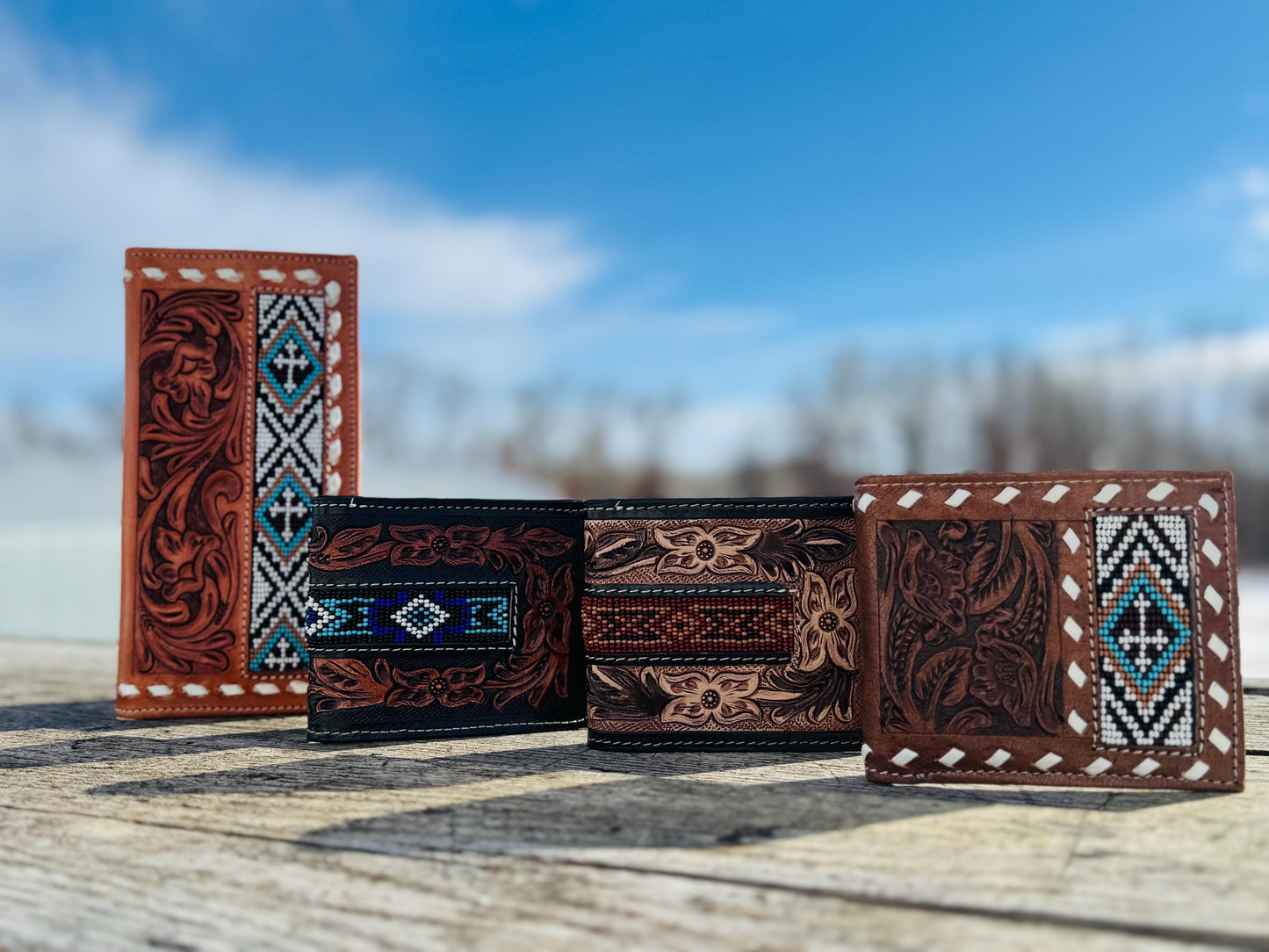 Men’s Western bi-fold Cowboy wallet tooled floral and seed bead details by Double B Wild Rags