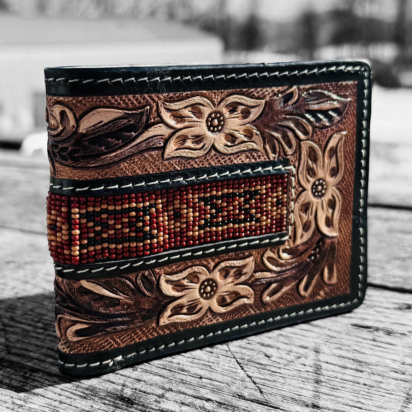 Men’s Western bi-fold Cowboy wallet tooled floral and seed bead details by Double B Wild Rags