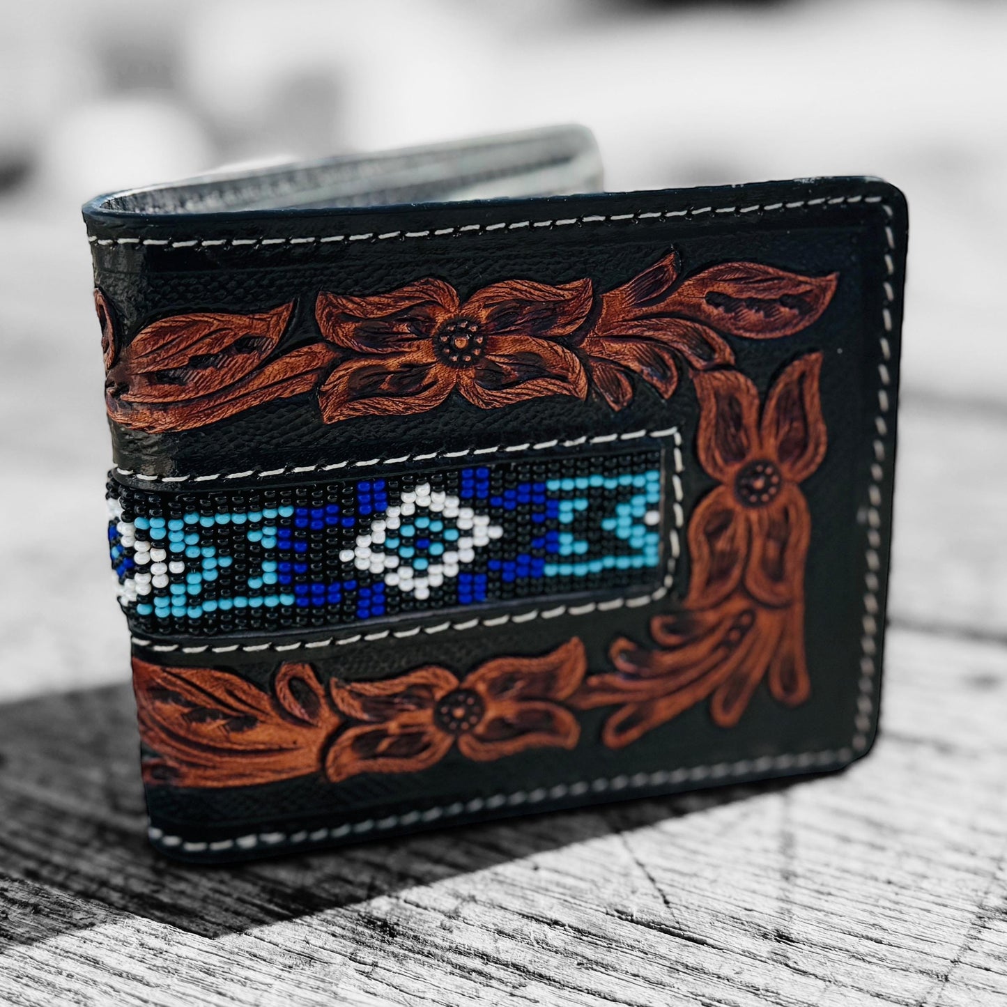 Men’s Western bi-fold Cowboy wallet tooled floral and seed bead details by Double B Wild Rags