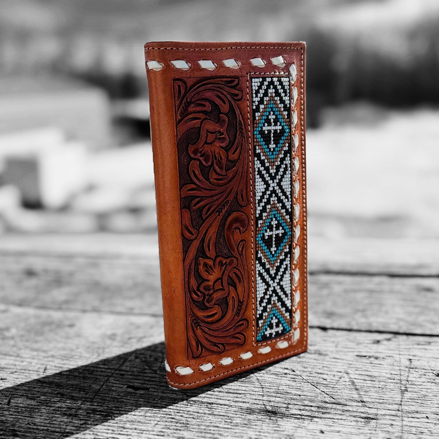 Men’s Western bi-fold Cowboy wallet tooled floral and seed bead details by Double B Wild Rags