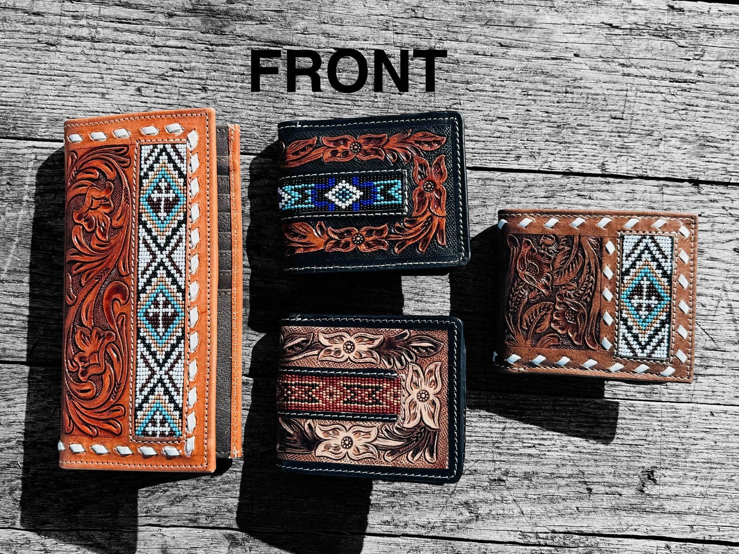 Men’s Western bi-fold Cowboy wallet tooled floral and seed bead details by Double B Wild Rags