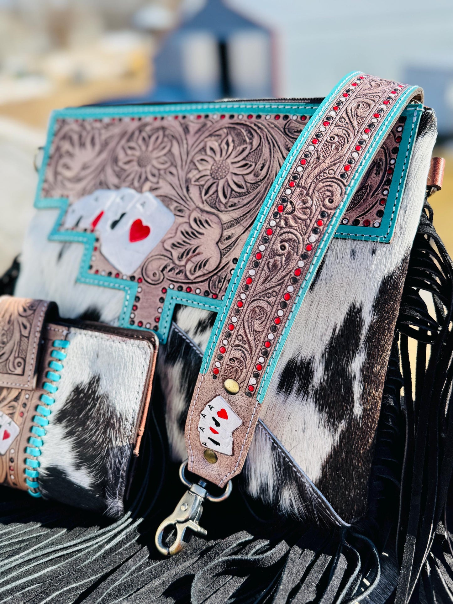 Genuine Western Cowhide Leather Purse and Wallet with Ace Cards painted details and black fringe.