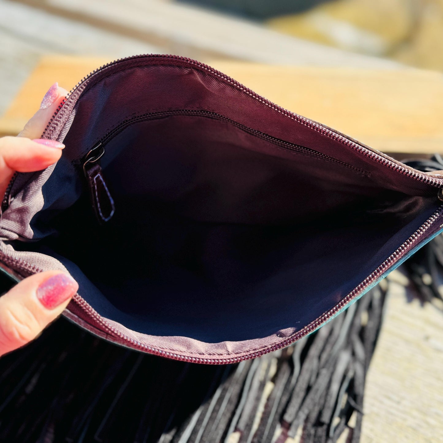 Genuine Western Cowhide Leather Purse and Wallet with Ace Cards painted details and black fringe.