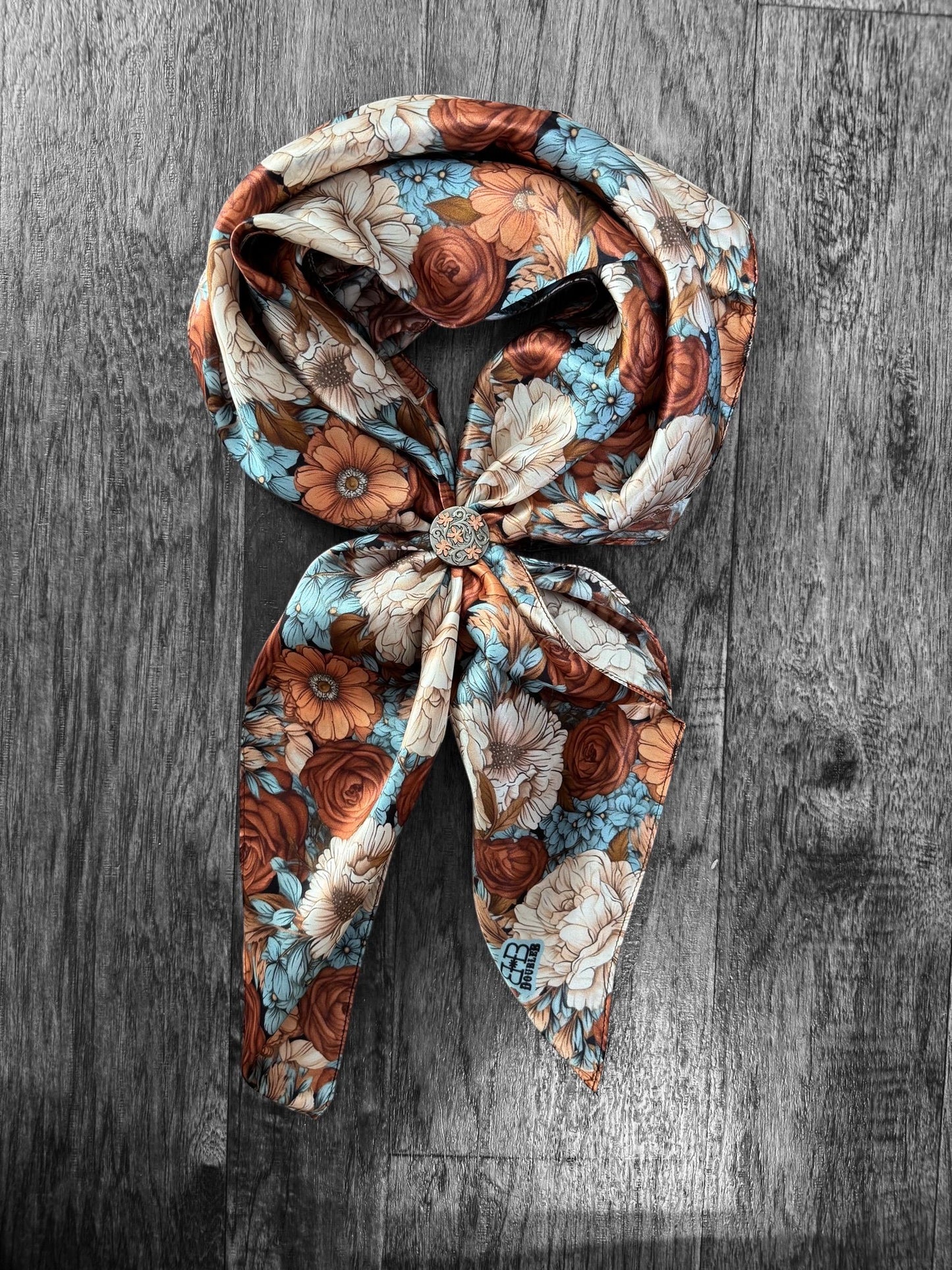 100% Silk Wild Rag Blue, Rust, Ivory, Brown floral by Double B Wild Rags