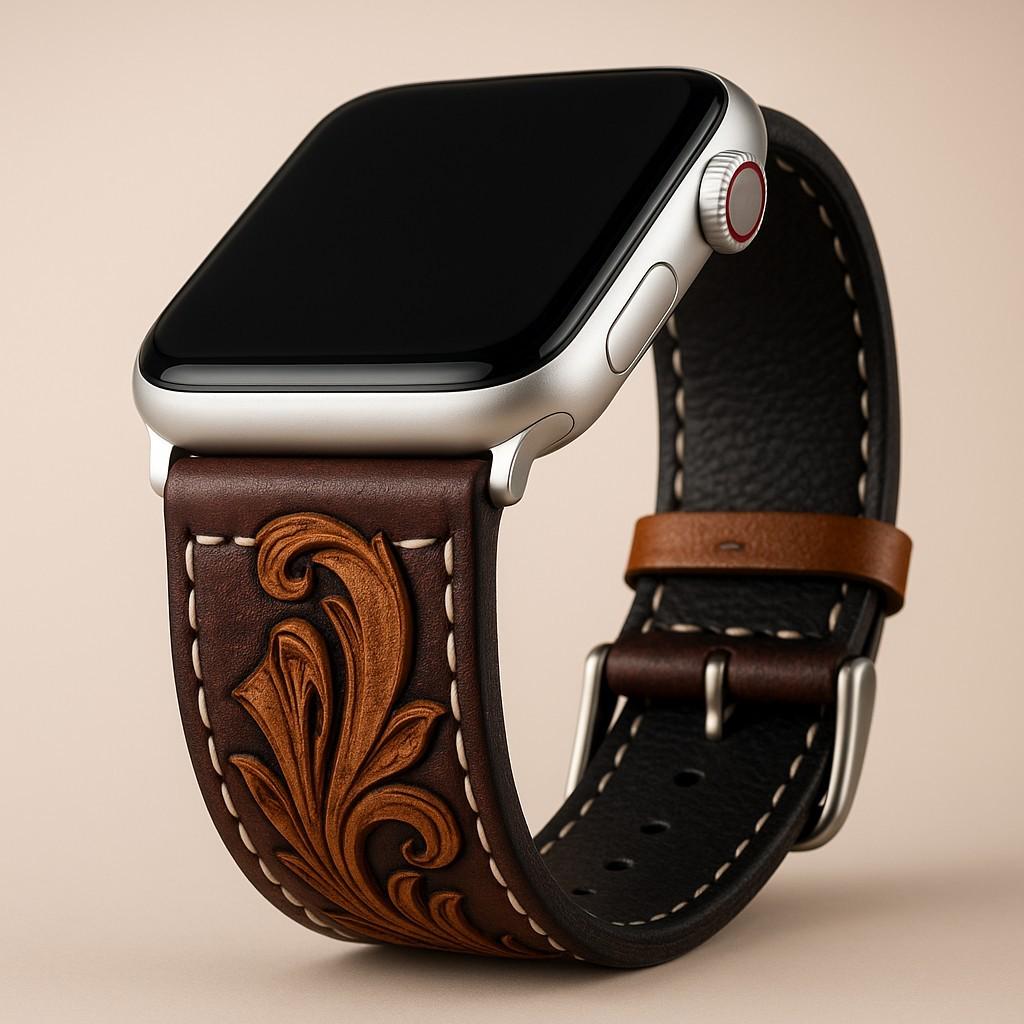 Western Tooled Leather Apple Watch Band by Double B Wild Rags Fits 42mm 44mm 45mm