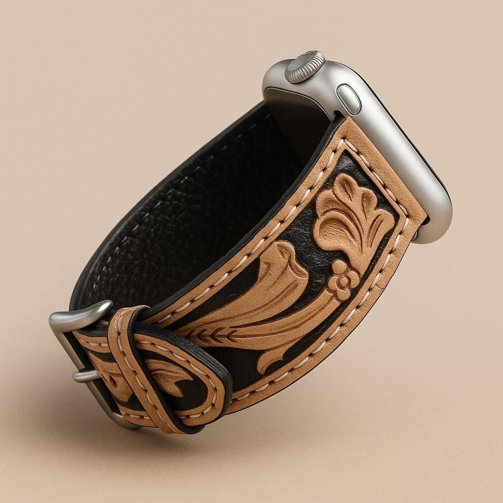 Western Tooled Leather Apple Watch Band by Double B Wild Rags Fits 42mm 44mm 45mm