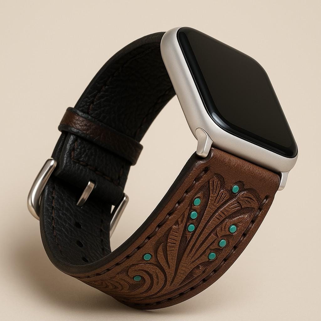 Western Tooled Leather Apple Watch Band by Double B Wild Rags Fits 42mm 44mm 45mm