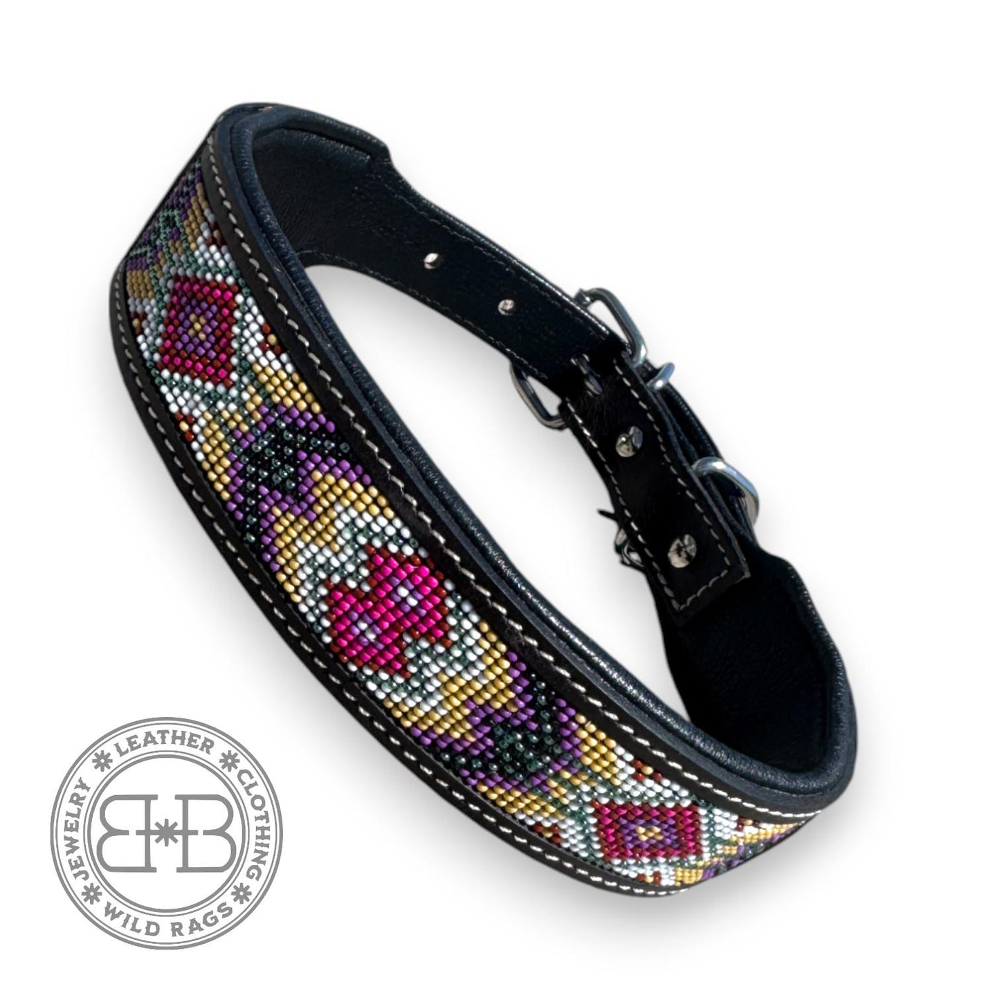 Western Genuine Leather dog collar with tooled details and seed bead tribal design by Double B Wild Rags