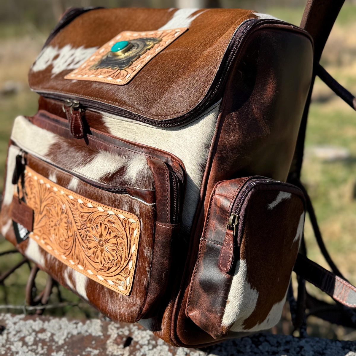 Genuine Western Cowhide Leather Backpack Diaper Bag Personal Item carry-on luggage