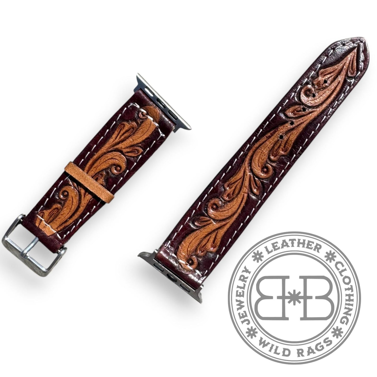 Western Tooled Leather Apple Watch Band by Double B Wild Rags Fits 42mm 44mm 45mm