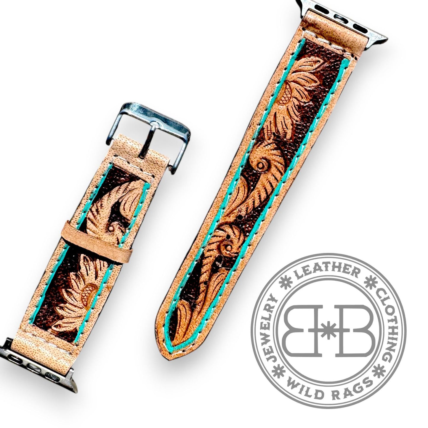 Western Tooled Leather Apple Watch Band by Double B Wild Rags Fits 42mm 44mm 45mm