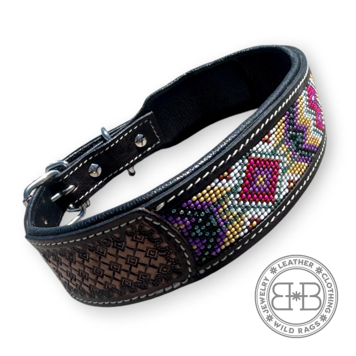 Western Genuine Leather dog collar with tooled details and seed bead tribal design by Double B Wild Rags