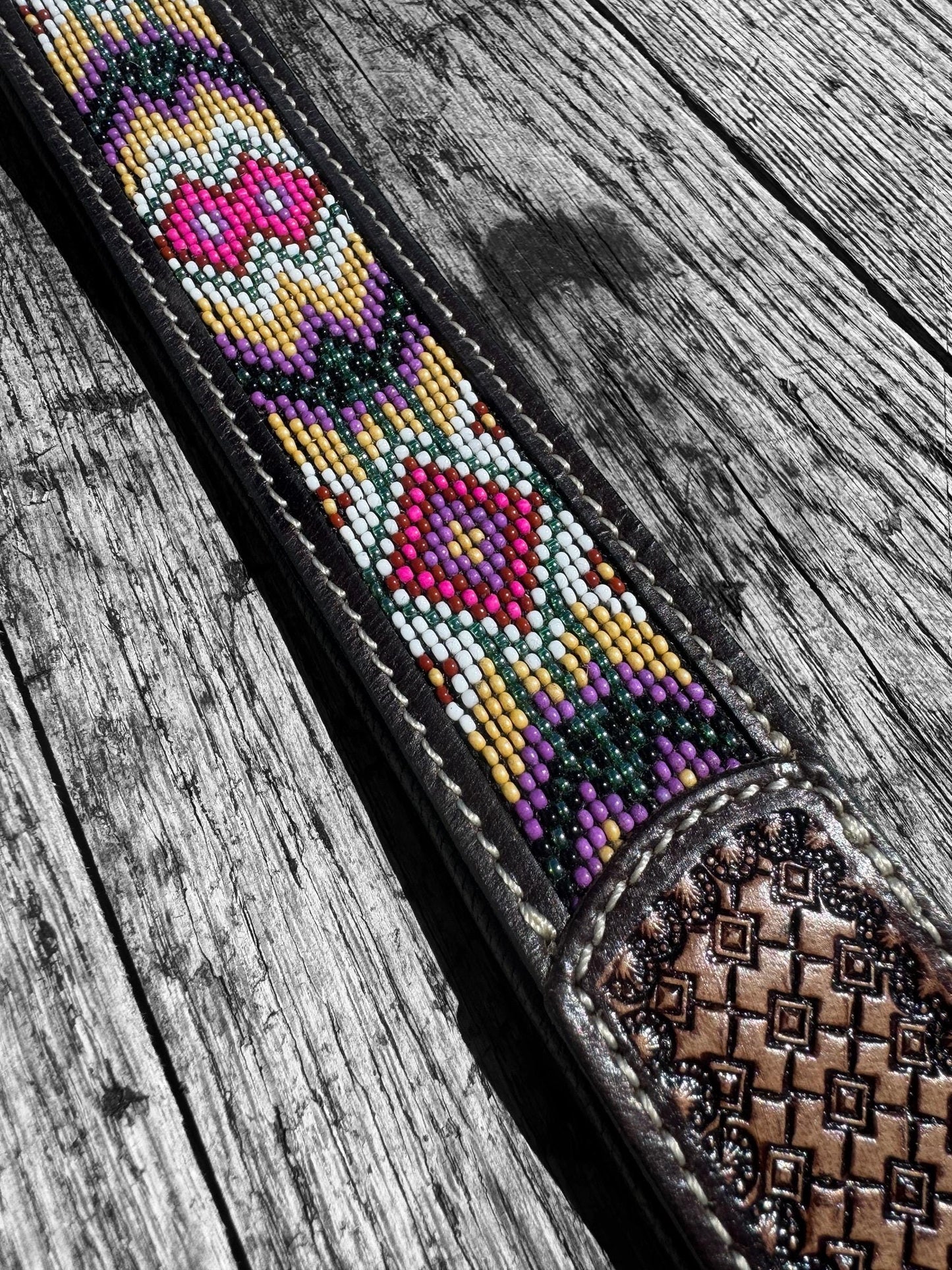 Western Genuine Leather dog collar with tooled details and seed bead tribal design by Double B Wild Rags