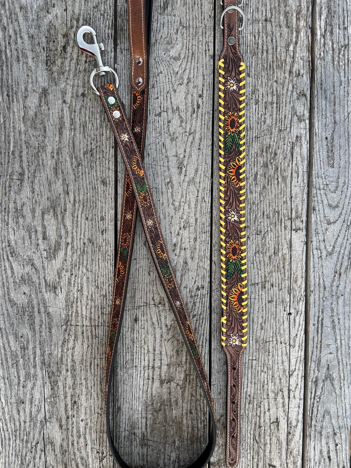 Western Genuine Leather dog collar and leash tooled details of sunflower daisy cactus floral turquoise feather by Double B Wild Rags
