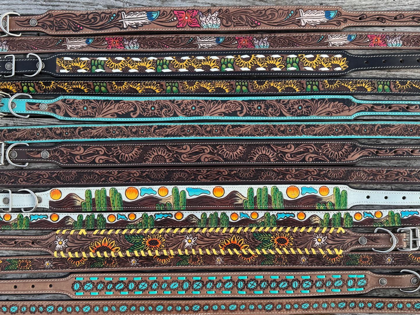 Western Genuine Leather dog collar and leash tooled details of sunflower daisy cactus floral turquoise feather by Double B Wild Rags