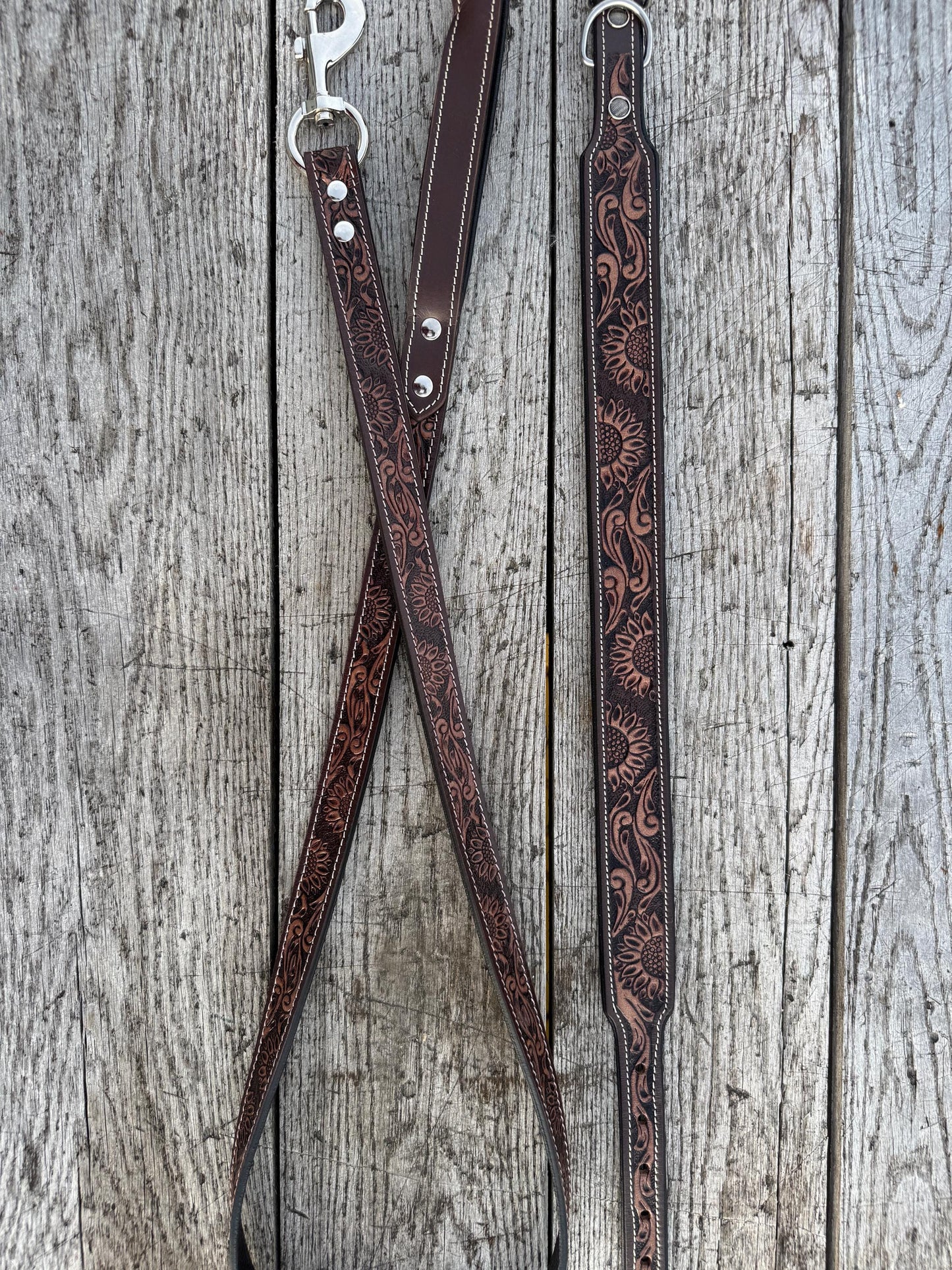 Western Genuine Leather dog collar and leash tooled details of sunflower daisy cactus floral turquoise feather by Double B Wild Rags
