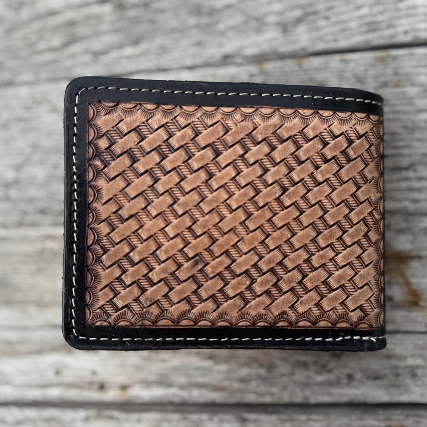 Men’s Western bi-fold wallet tooled floral and basketweave details by Double B Wild Rags