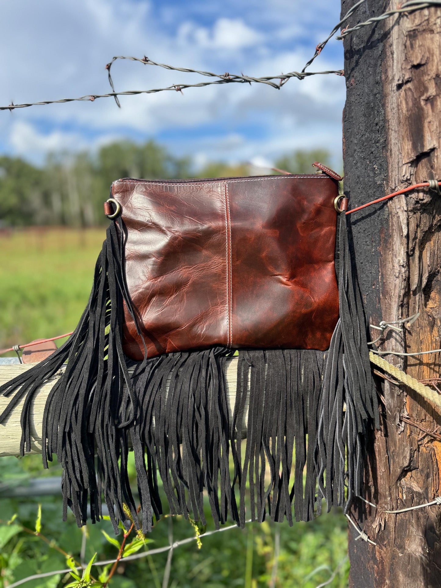 Genuine Western Cowhide Leather Purse with Ace Cards painted details and black fringe.