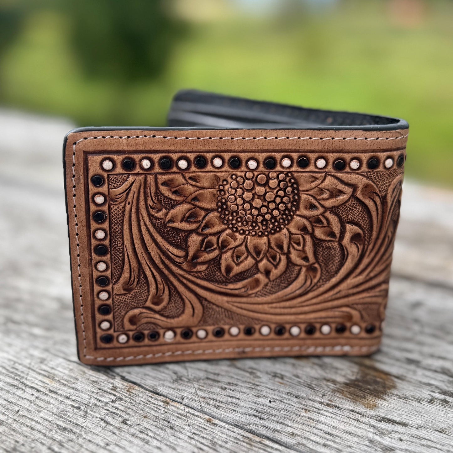 Men’s Western bi-fold wallet tooled sunflowers by Double B Wild Rags