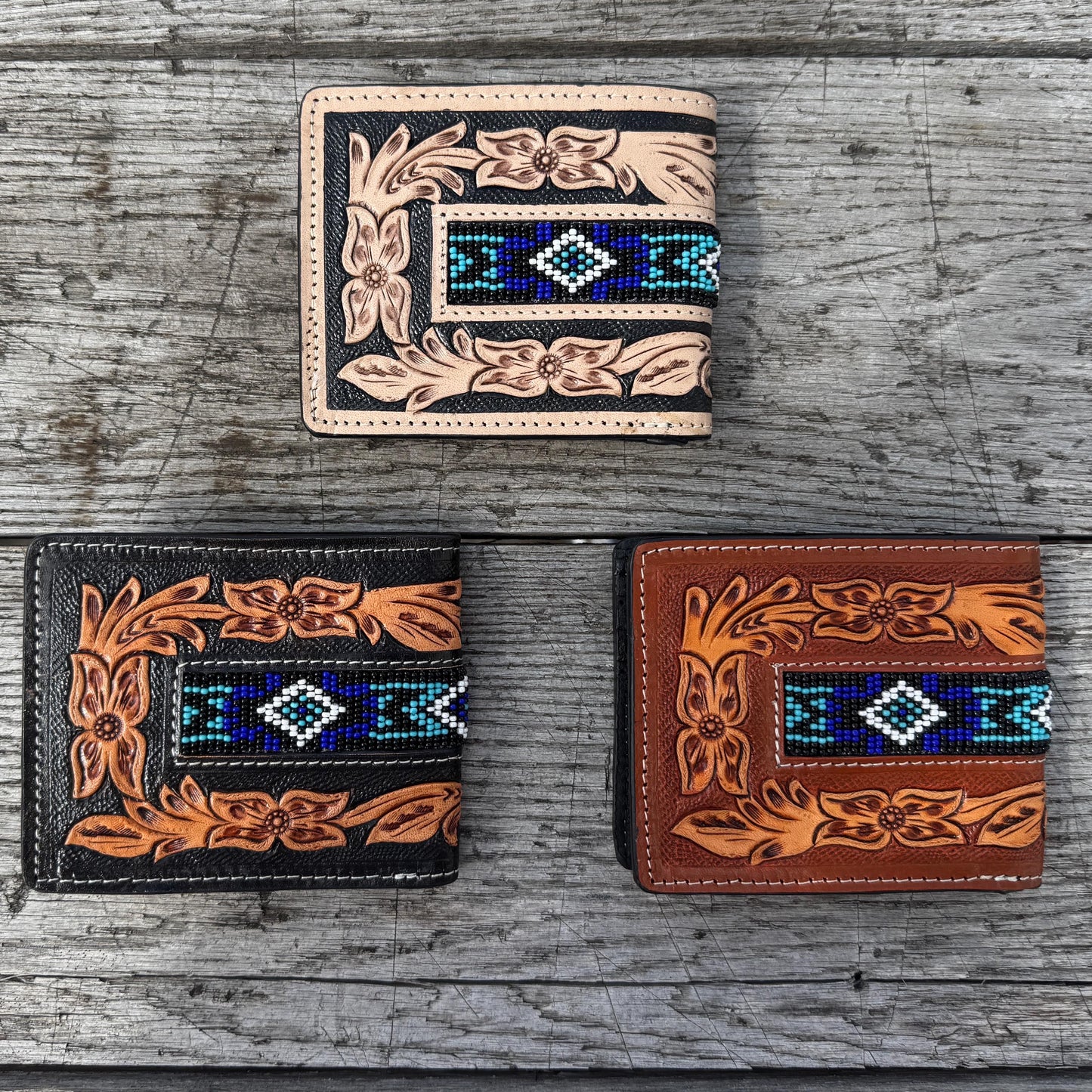 Men’s Western bi-fold wallet tooled Aces Cards with buckstitch details by Double B Wild Rags