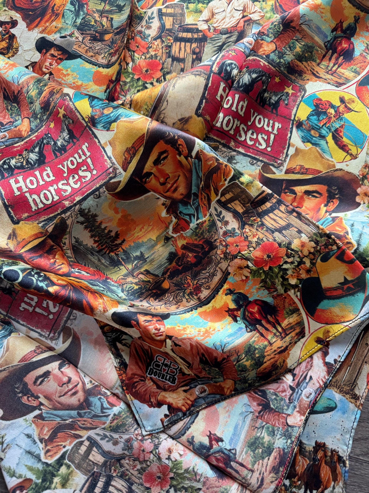 100% Silk Wild Rag Retro Heartthrob Cowboys and Floral by Double B Wild Rags