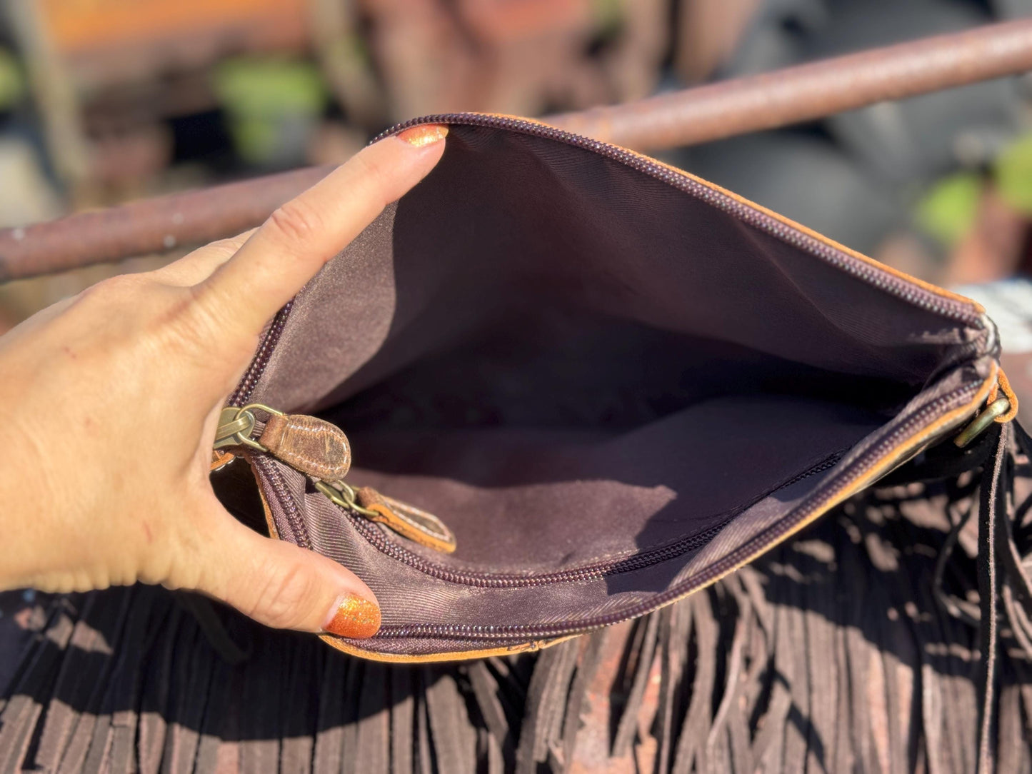 Brown Genuine Western Cowhide Leather Purse with fringe by Double B Wild Rags