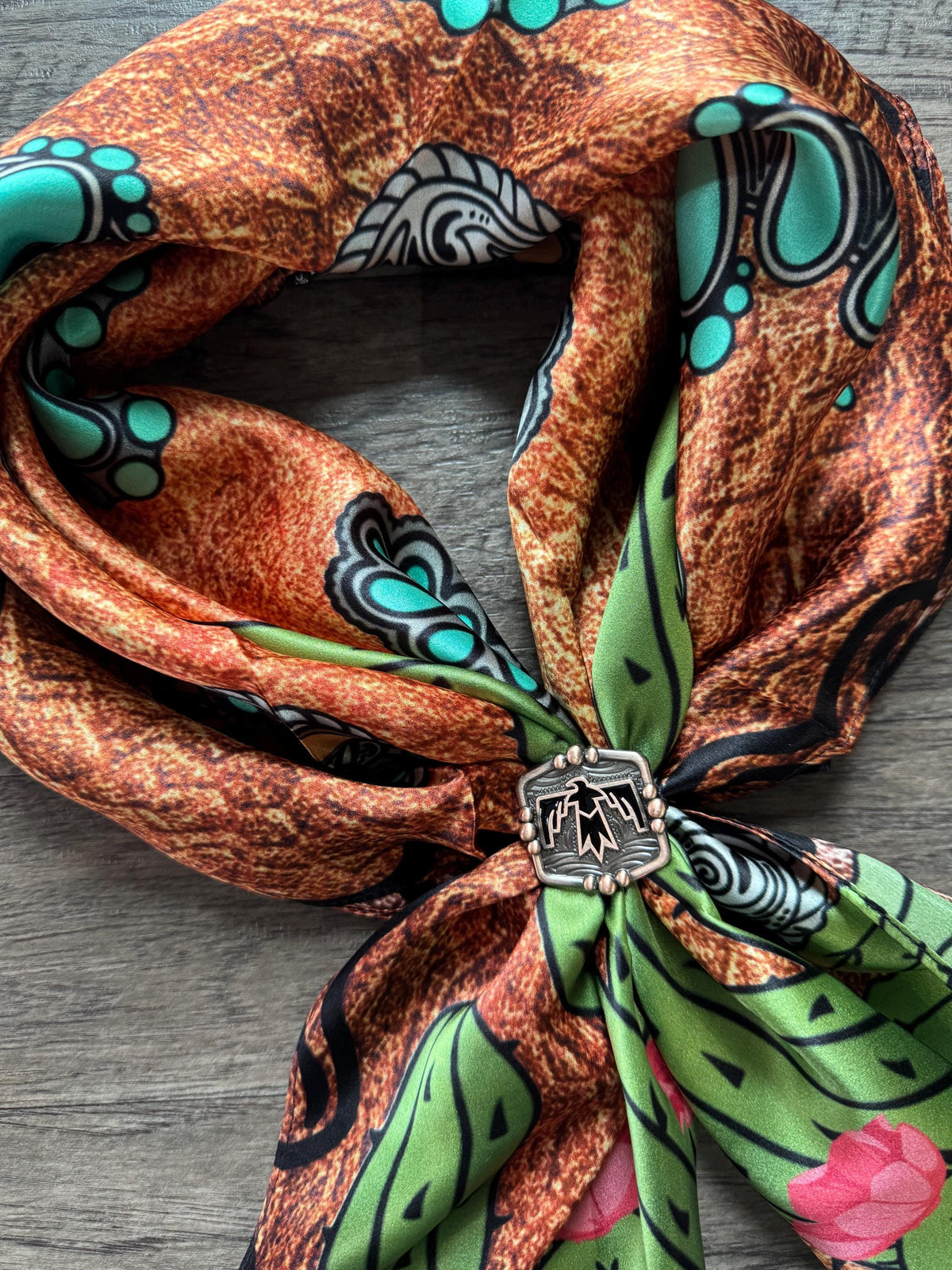 100% Silk Wild Rag Green Cactus with Turquoise by Double B Wild Rags
