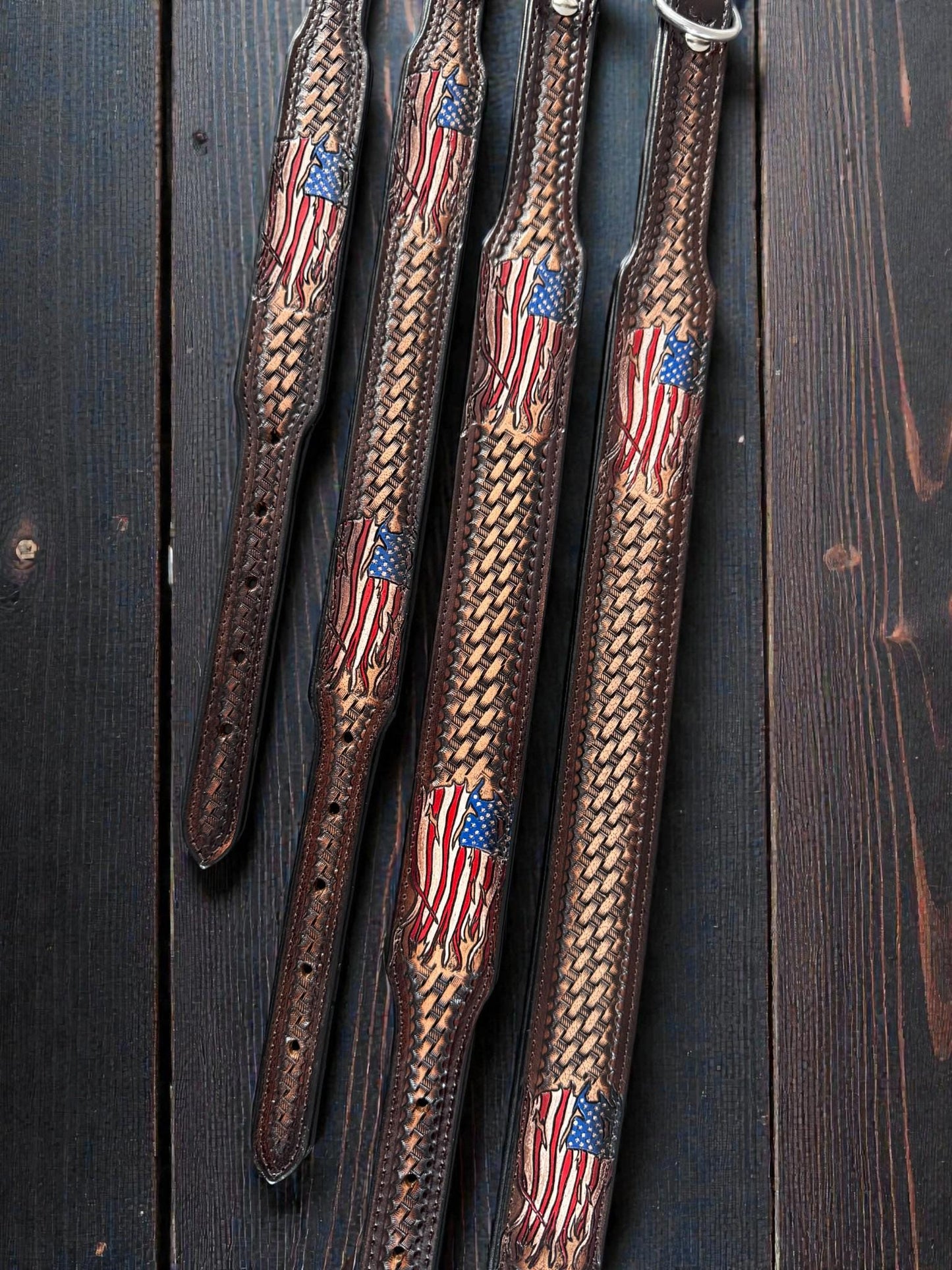 Handmade Western Leather Dog Collar: American Flag Basketweave