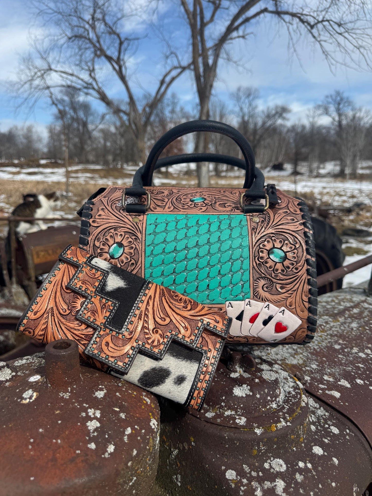 Aces and Turquoise Genuine Western Cowhide Leather barrel bag purse or wallet by Double B Wild Rags
