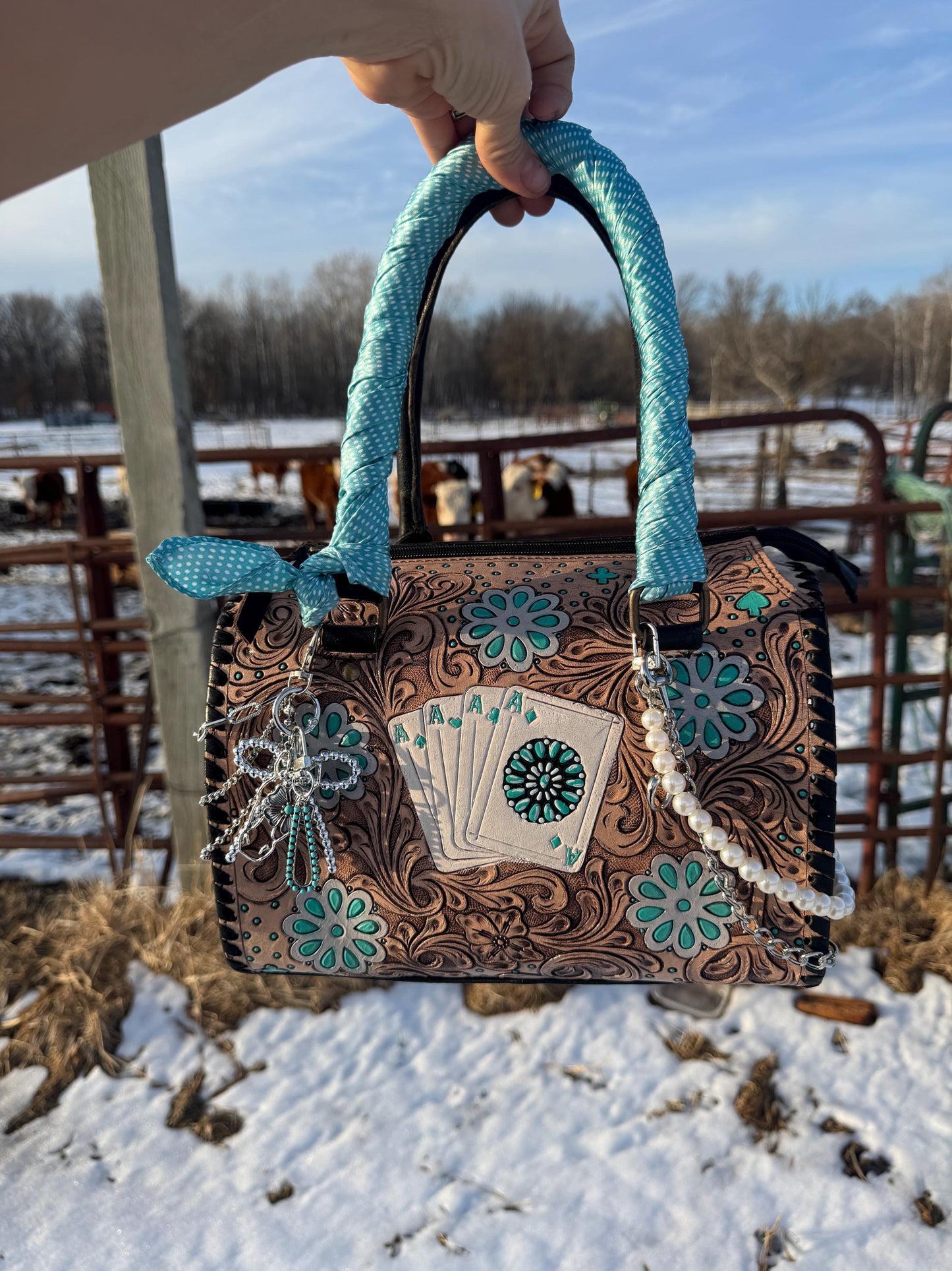 Fully Tooled Genuine Western Leather Purse with turquoise details by Double B Wild Rags