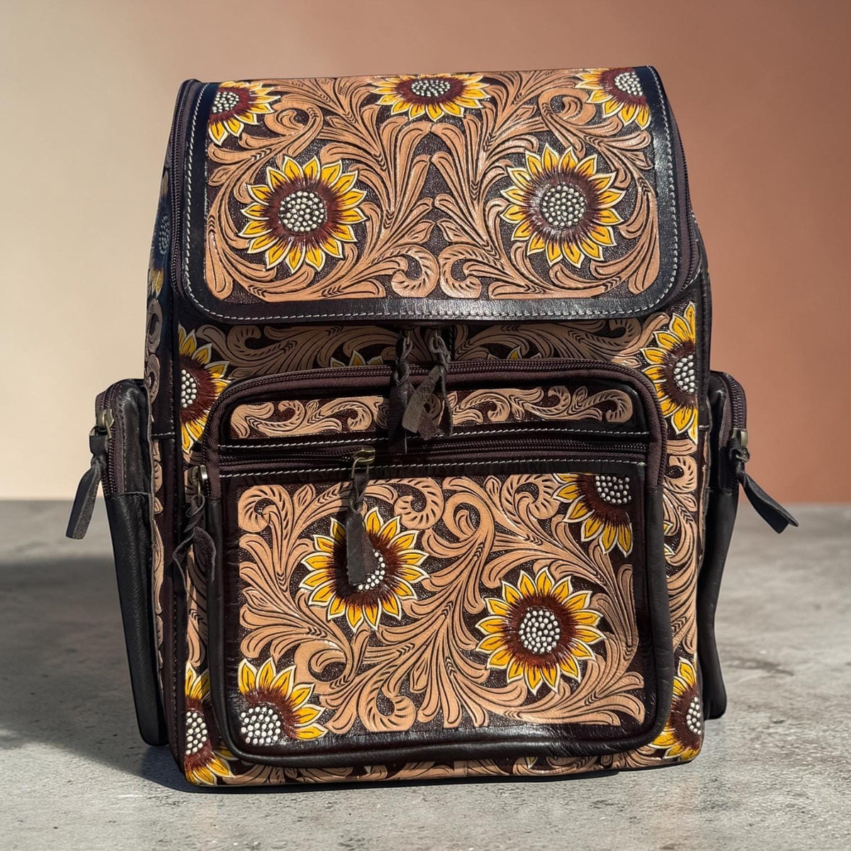 Fully Tooled Sunflower Western Backpack Genuine Leather Diaper Bag Personal Item carry-on luggage by Double B Wild Rags