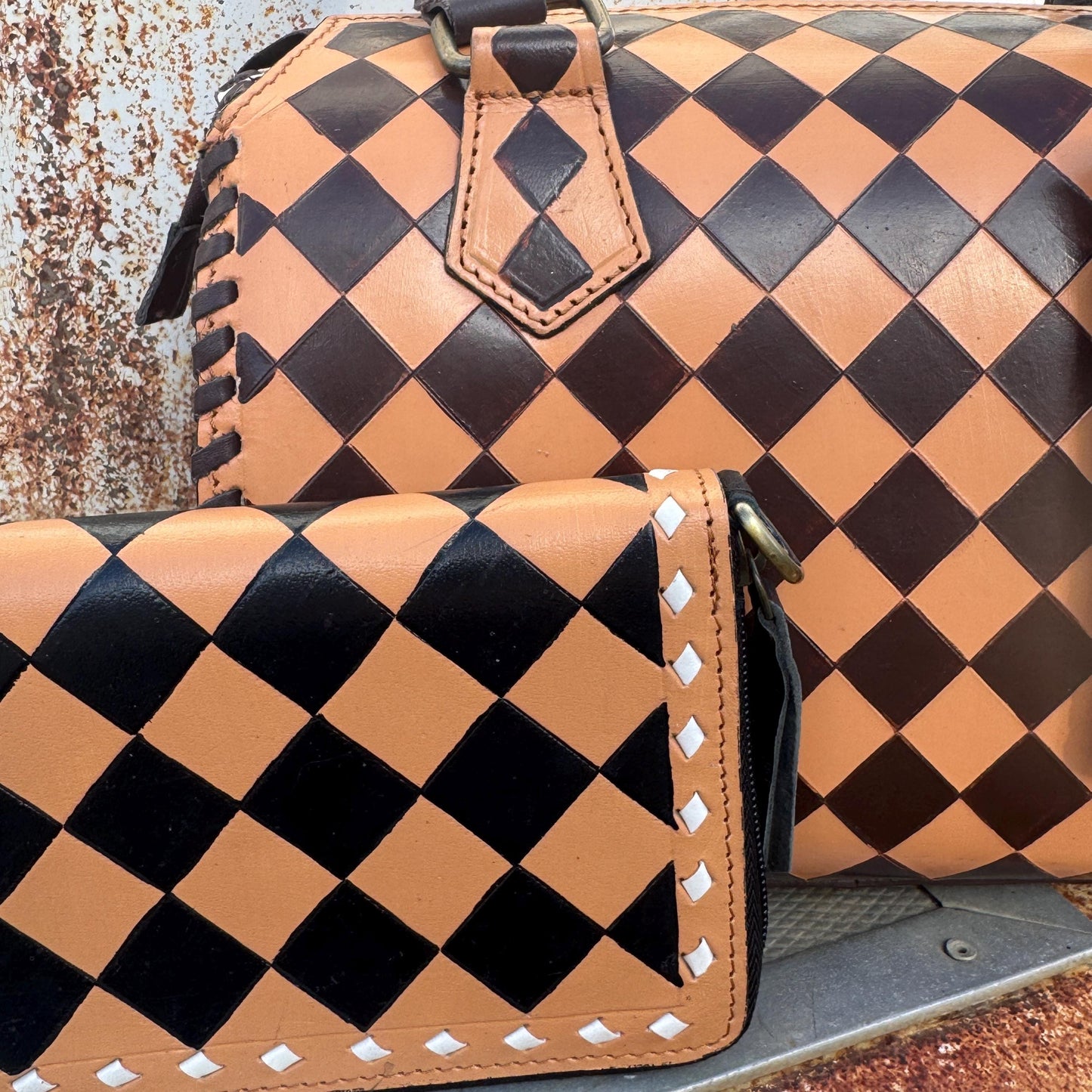 Caramel Espresso Checkered Speedy Western Genuine Leather Purse with optional wallet