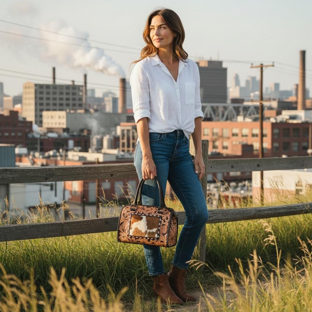 Genuine Western Leather Speedy Barrel Bag with Cowhide and Tooled details by Double B Wild Rags