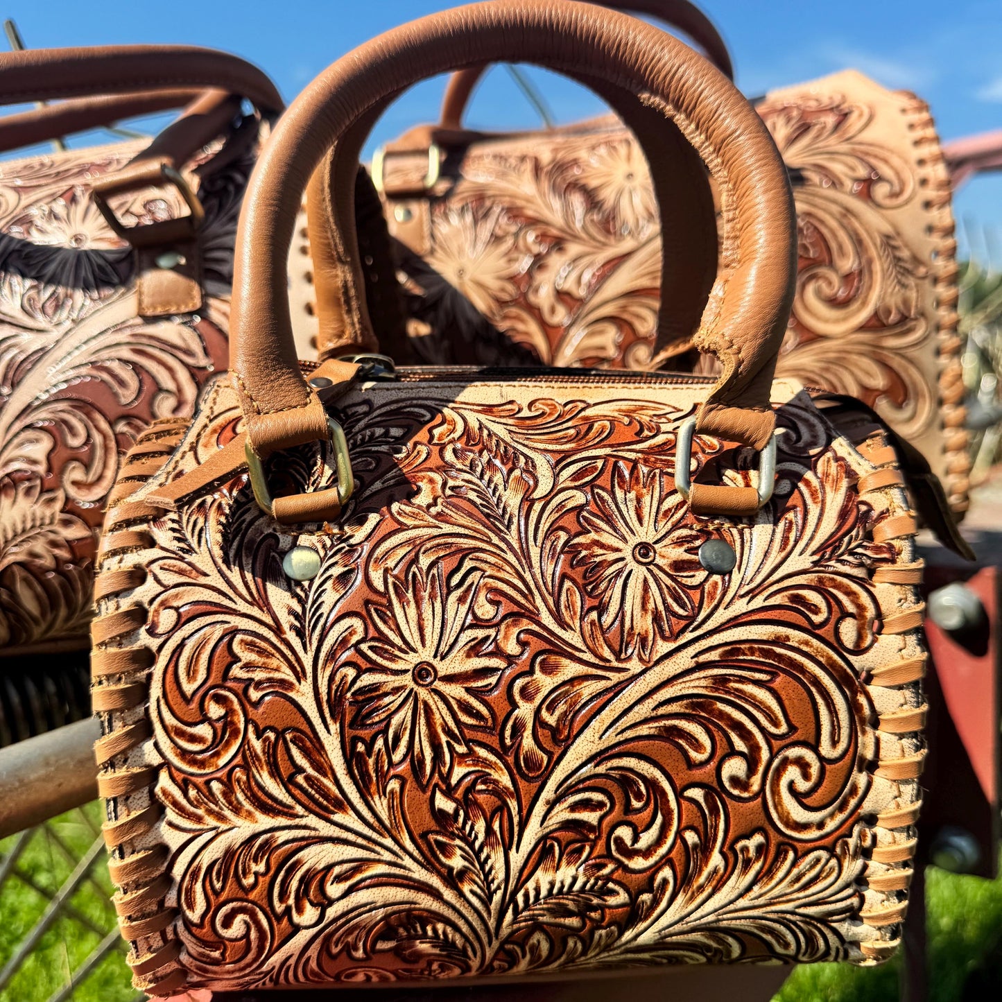 Tan Wild Daisy Heritage Speedy Western Genuine Leather Barrel Bag Purse by Double B