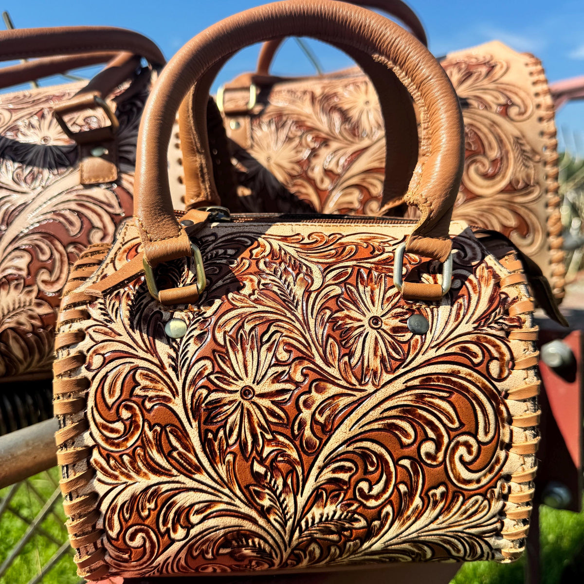 Tan Heritage Daisy Speedy Western Genuine Leather Barrel Bag Purse by Double B