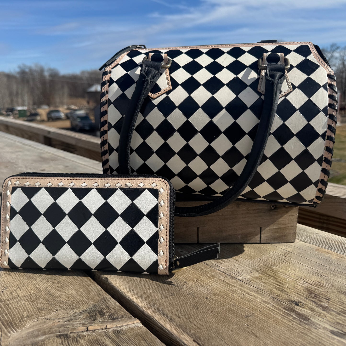 Black and White Speedy Checkered Genuine Western Cowhide Leather Purse