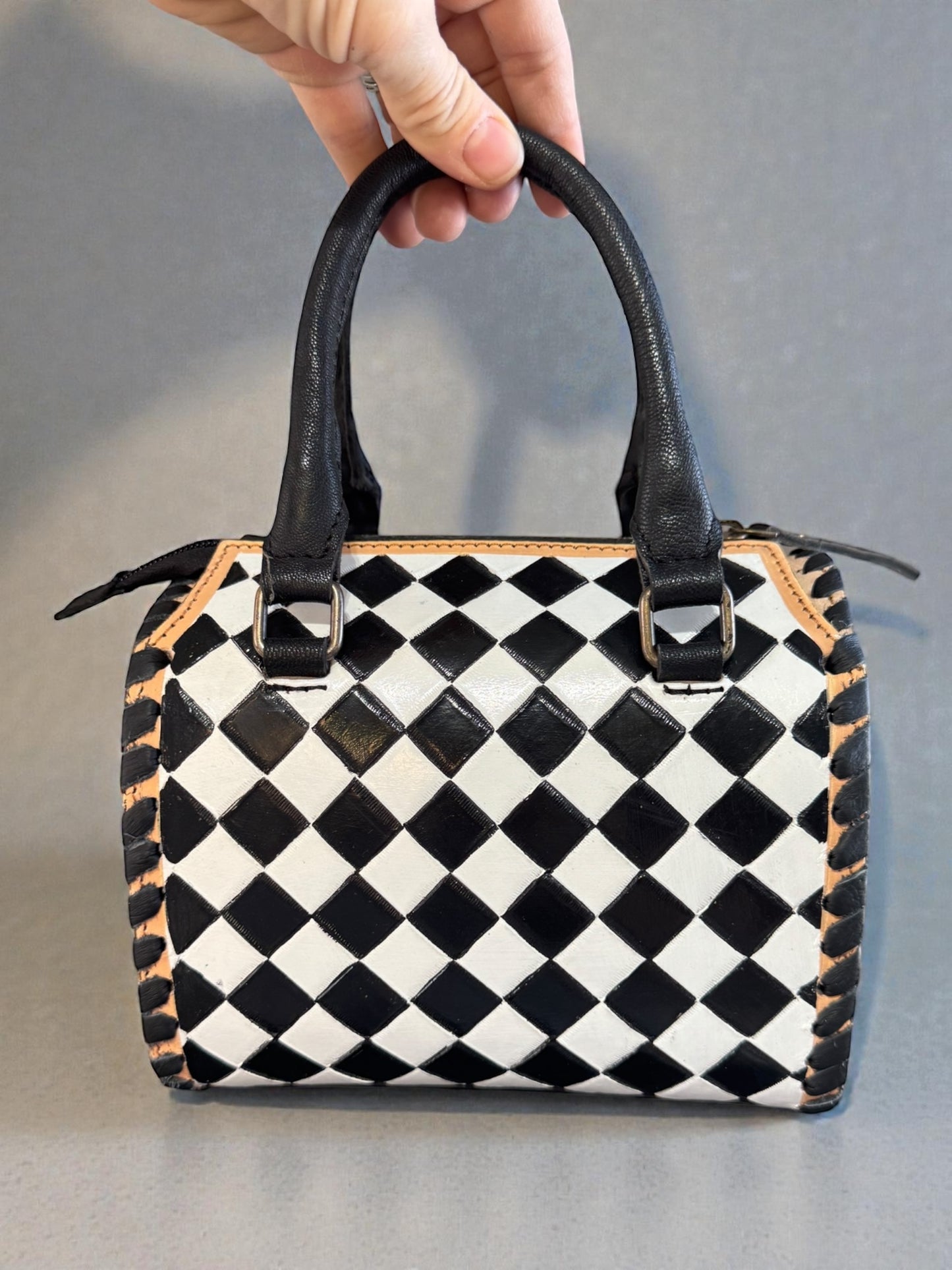 Black and White Speedy Checkered Genuine Western Cowhide Leather Purse