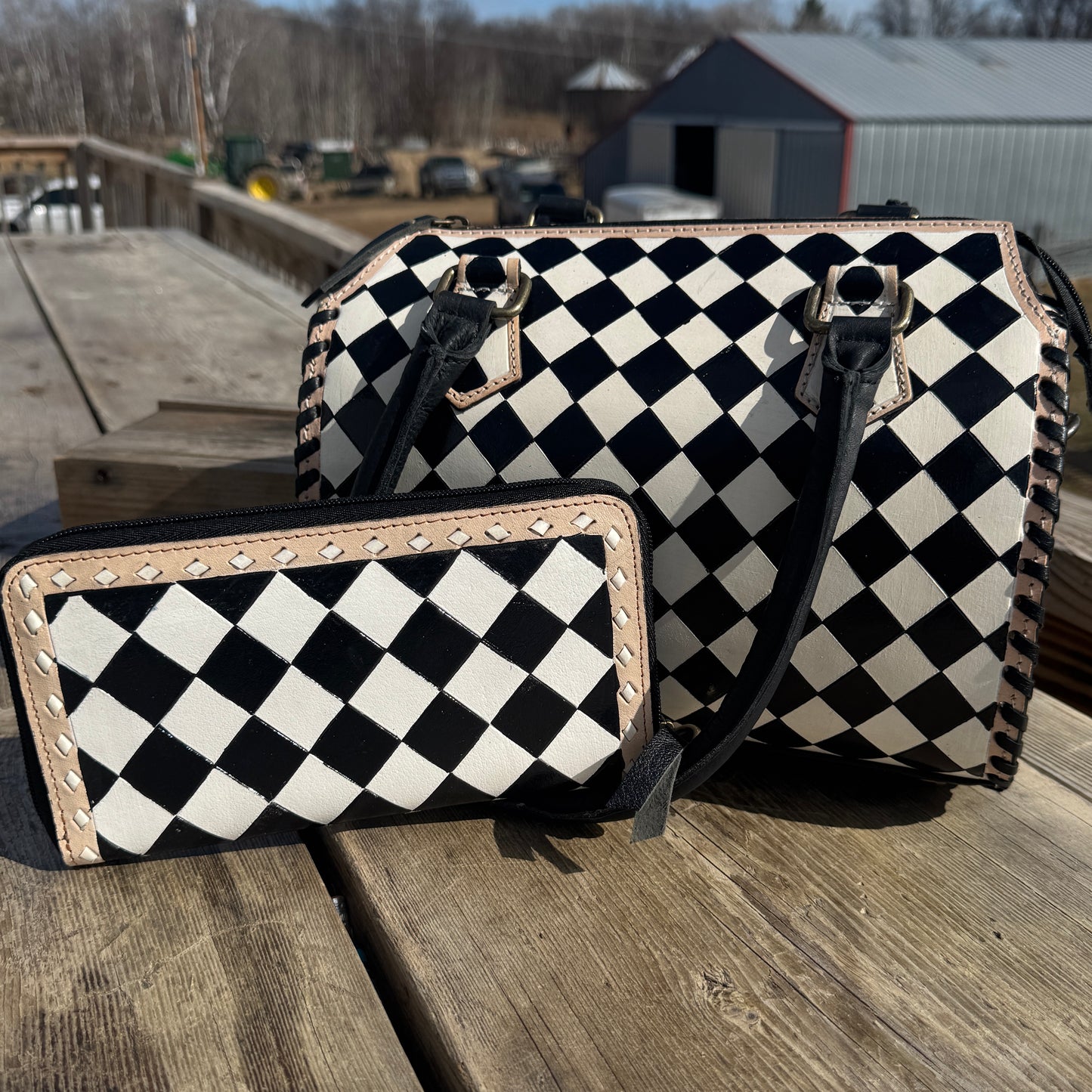 Black and White Speedy Checkered Genuine Western Cowhide Leather Purse