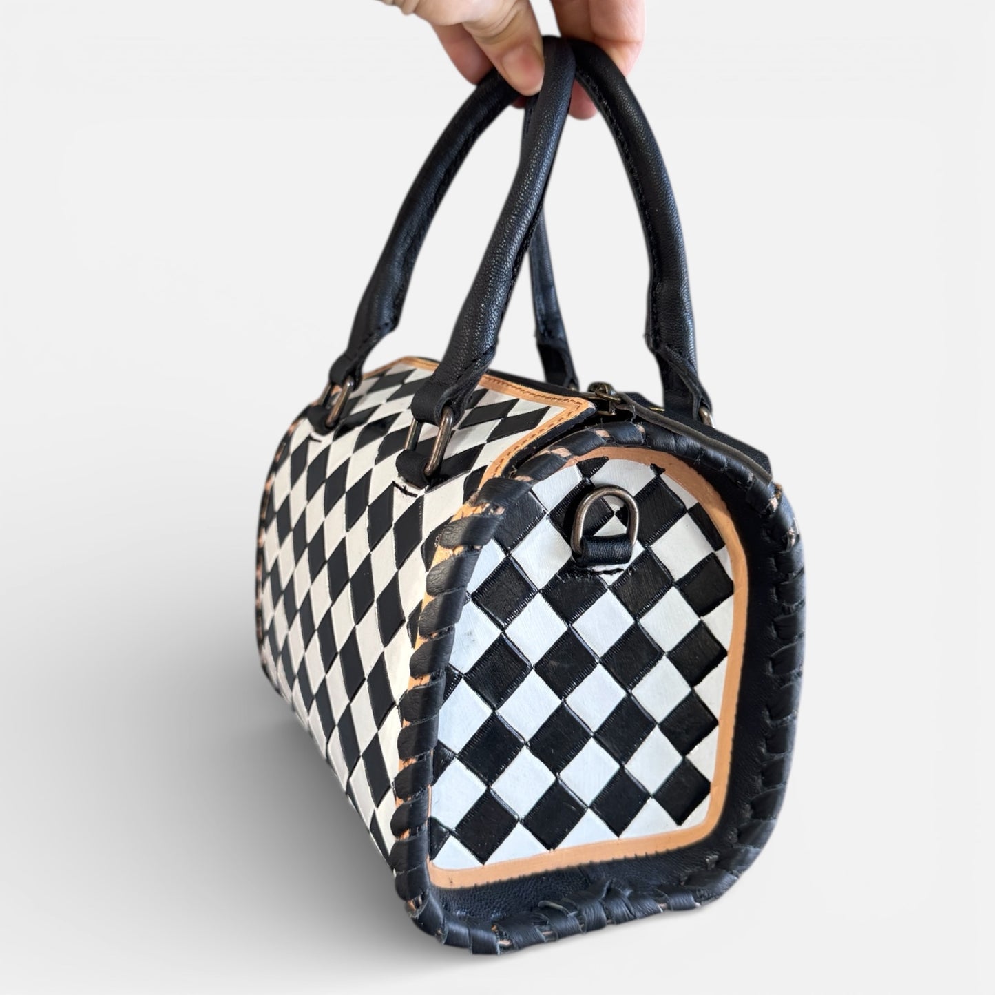 Black and White Speedy Checkered Genuine Western Cowhide Leather Purse