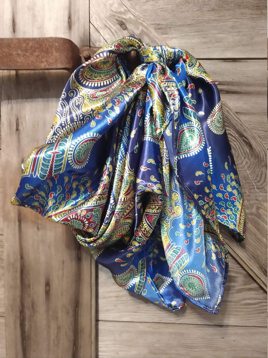 WILD RAG Royal Blue and Gold Ethnic Paisley Print Cowboy Western Neck Scarf Bandanna