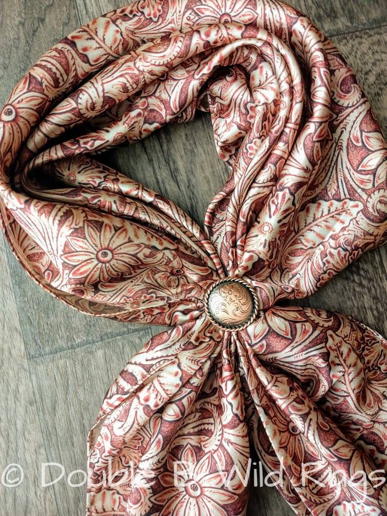 Wild Rag Floral Tooled Leather light tan Cowboy Western Neck Scarf Bandanna by Double B Wild Rags
