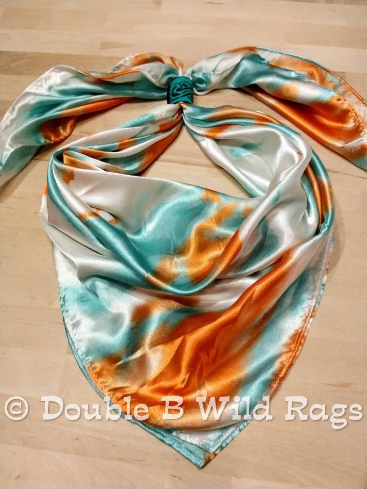 Wild Rag Orange and Light teal green Grunge Patina print Western Cowboy Neck Scarf Bandana by Double B Wild Rags