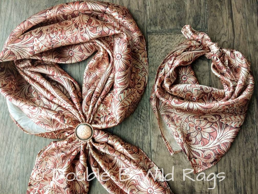 Wild Rag Floral Tooled Leather light tan Cowboy Western Neck Scarf Bandanna by Double B Wild Rags