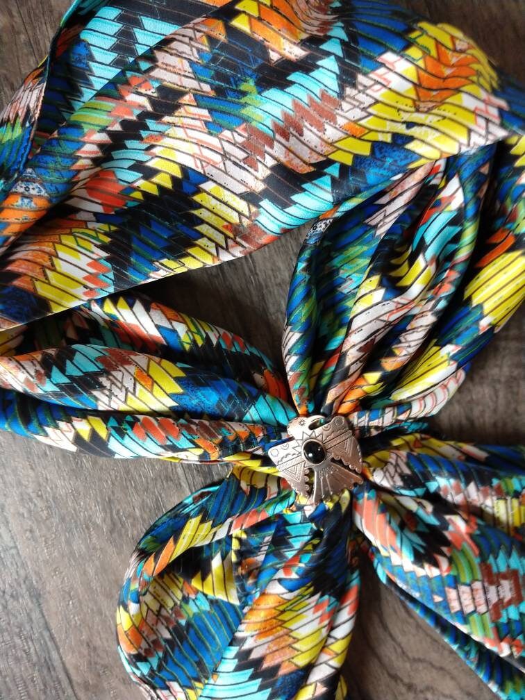 Wild Rag Yellow, Orange, Blue and black Aztec Tribal Print Western Cowboy Neck Scarf Bandana by Double B Wild Rags