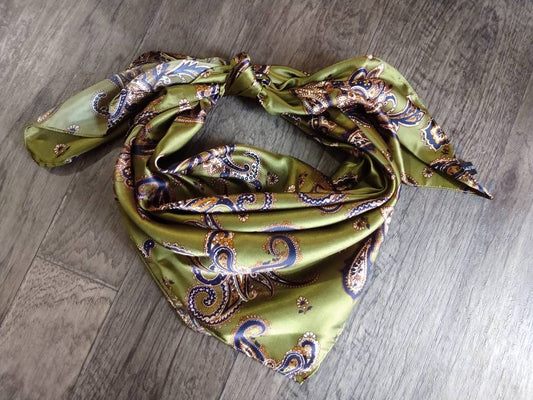 Wild Rag Olive Green with Blue and Gold Paisley Print Western Cowboy Neck Scarf Bandana by Double B Wild Rags