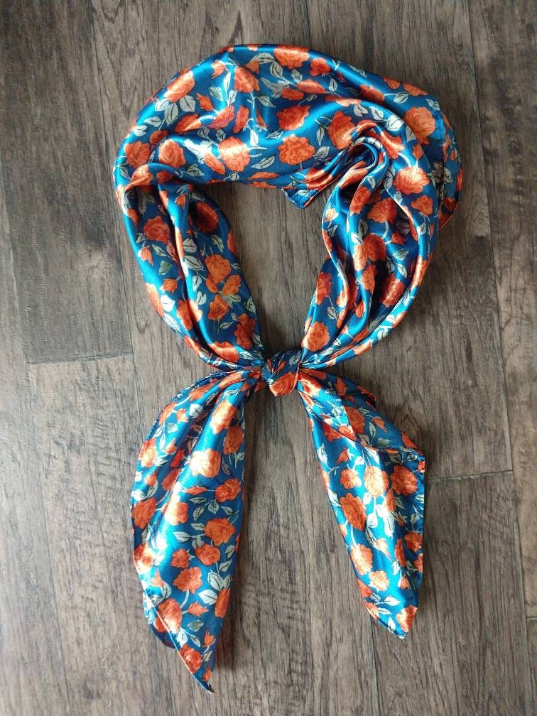 Wild Rag orange red floral on teal blue Western Cowboy Neck Scarf Bandana by Double B Wild Rags