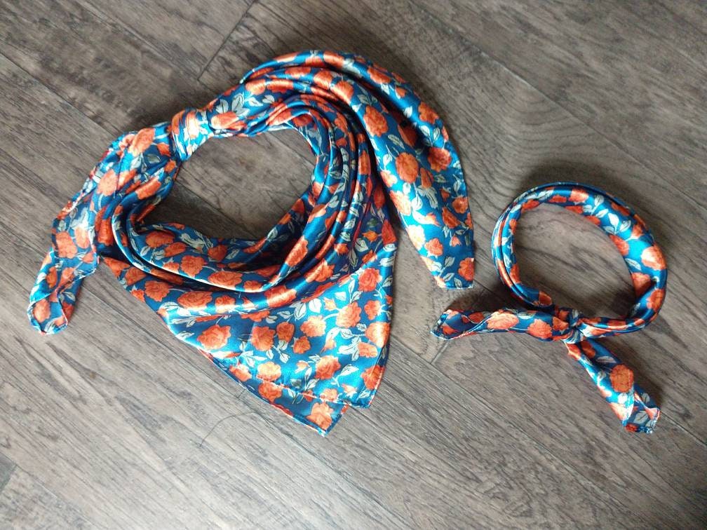 Wild Rag orange red floral on teal blue Western Cowboy Neck Scarf Bandana by Double B Wild Rags