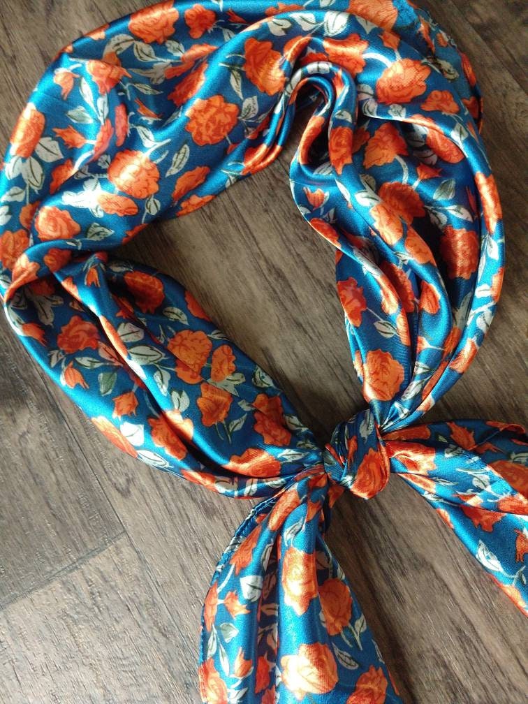 Wild Rag orange red floral on teal blue Western Cowboy Neck Scarf Bandana by Double B Wild Rags