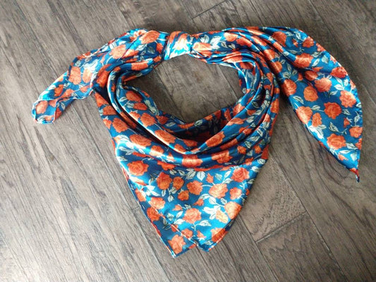 Wild Rag orange red floral on teal blue Western Cowboy Neck Scarf Bandana by Double B Wild Rags