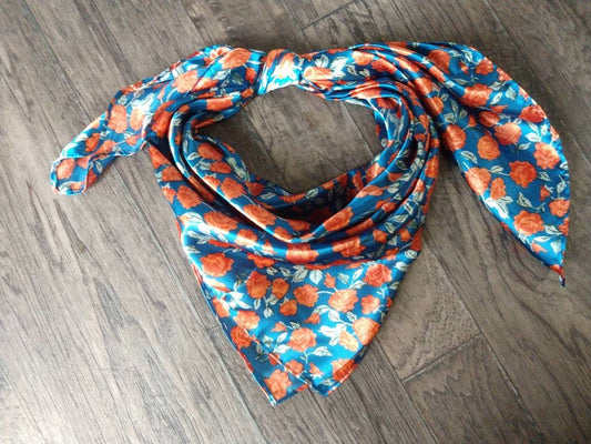 Wild Rag orange red floral on teal blue Western Cowboy Neck Scarf Bandana by Double B Wild Rags